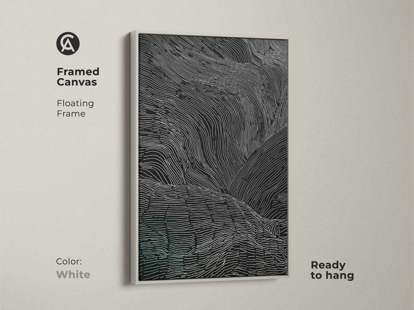 A framed canvas art has a white floating frame. The abstract wavy lines are in black white and teal. This modern artwork is ready to hang. The minimalist art is a stylish addition to any home. It is ideal for a modern bedroom.