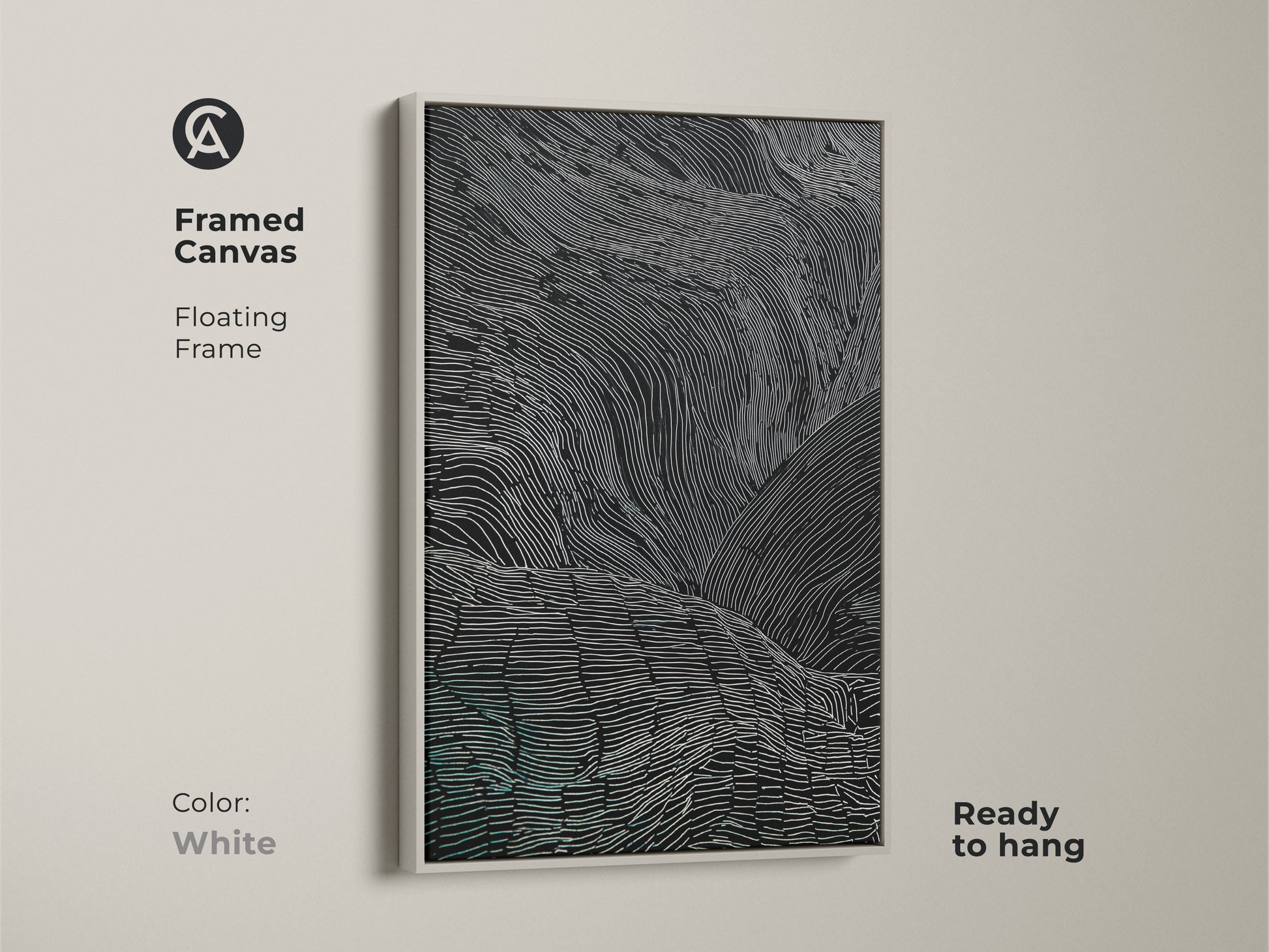 A framed canvas art has a white floating frame. The abstract wavy lines are in black white and teal. This modern artwork is ready to hang. The minimalist art is a stylish addition to any home. It is ideal for a modern bedroom.
