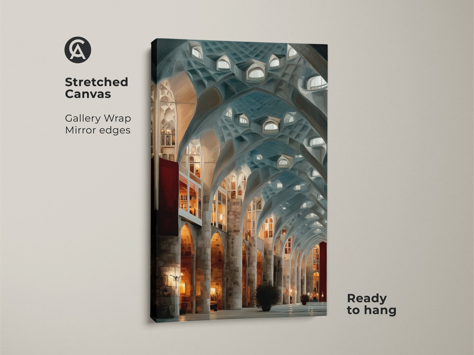 Close-up of a stretched canvas showcasing Gothic Arches Wall Art. This art nouveau architectural print features gallery wrapped mirror edges and is ready to hang. The teal blue and gray tones enhance the architectural interior scene. Ideal eclectic home decor.