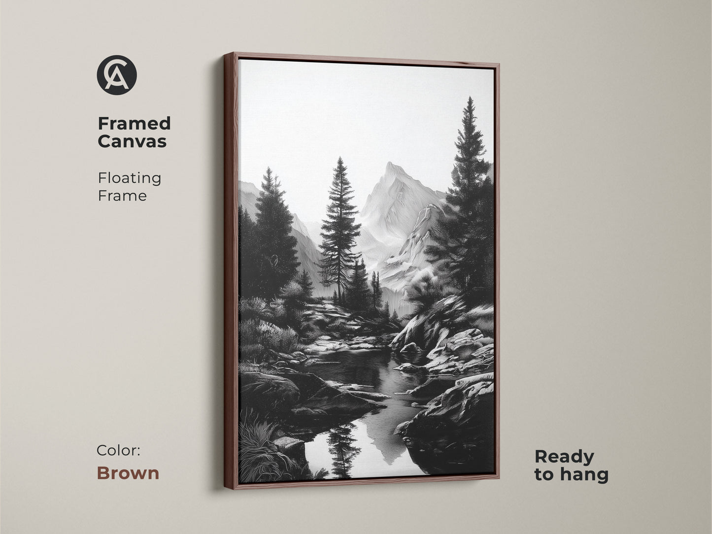 Black and white mountain river art in a floating brown frame. This framed canvas enhances any room. A perfect rustic pine tree landscape that brings nature indoors. An excellent gift for hikers. It features a monochrome outdoor scenery.