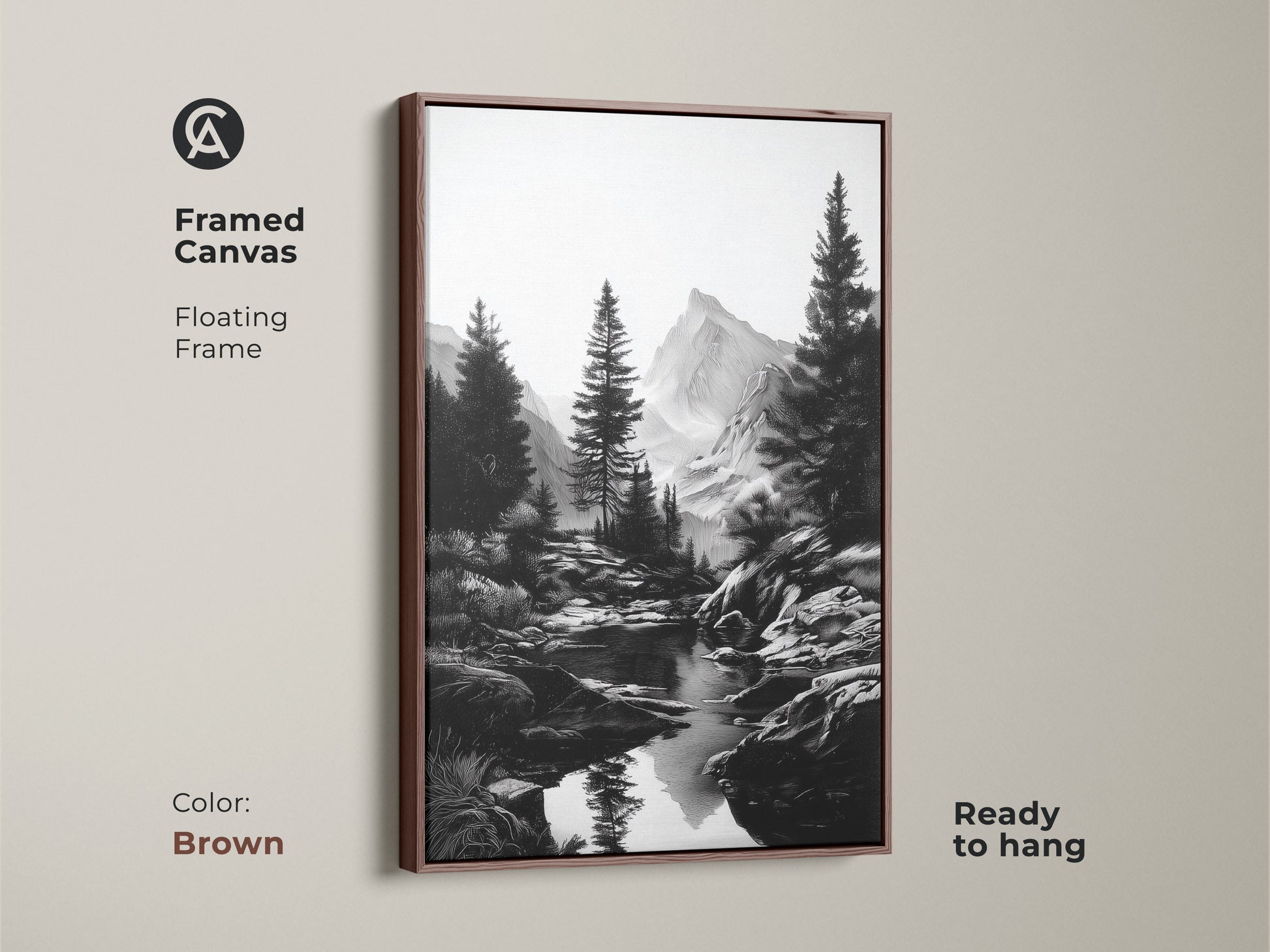 Black and white mountain river art in a floating brown frame. This framed canvas enhances any room. A perfect rustic pine tree landscape that brings nature indoors. An excellent gift for hikers. It features a monochrome outdoor scenery.
