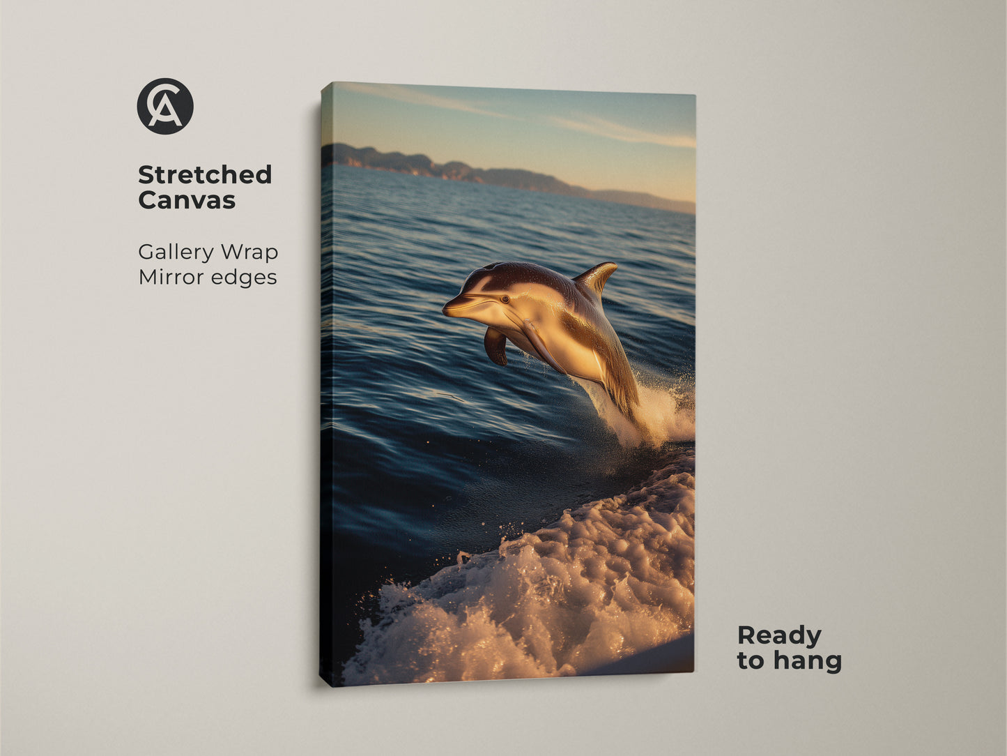A stretched canvas gallery wrap featuring a dolphin leaping from ocean waves. This coastal bedroom wall decor is ready to hang. The realistic ocean waves print captures the beauty of marine wildlife. Perfect nautical themed decor.