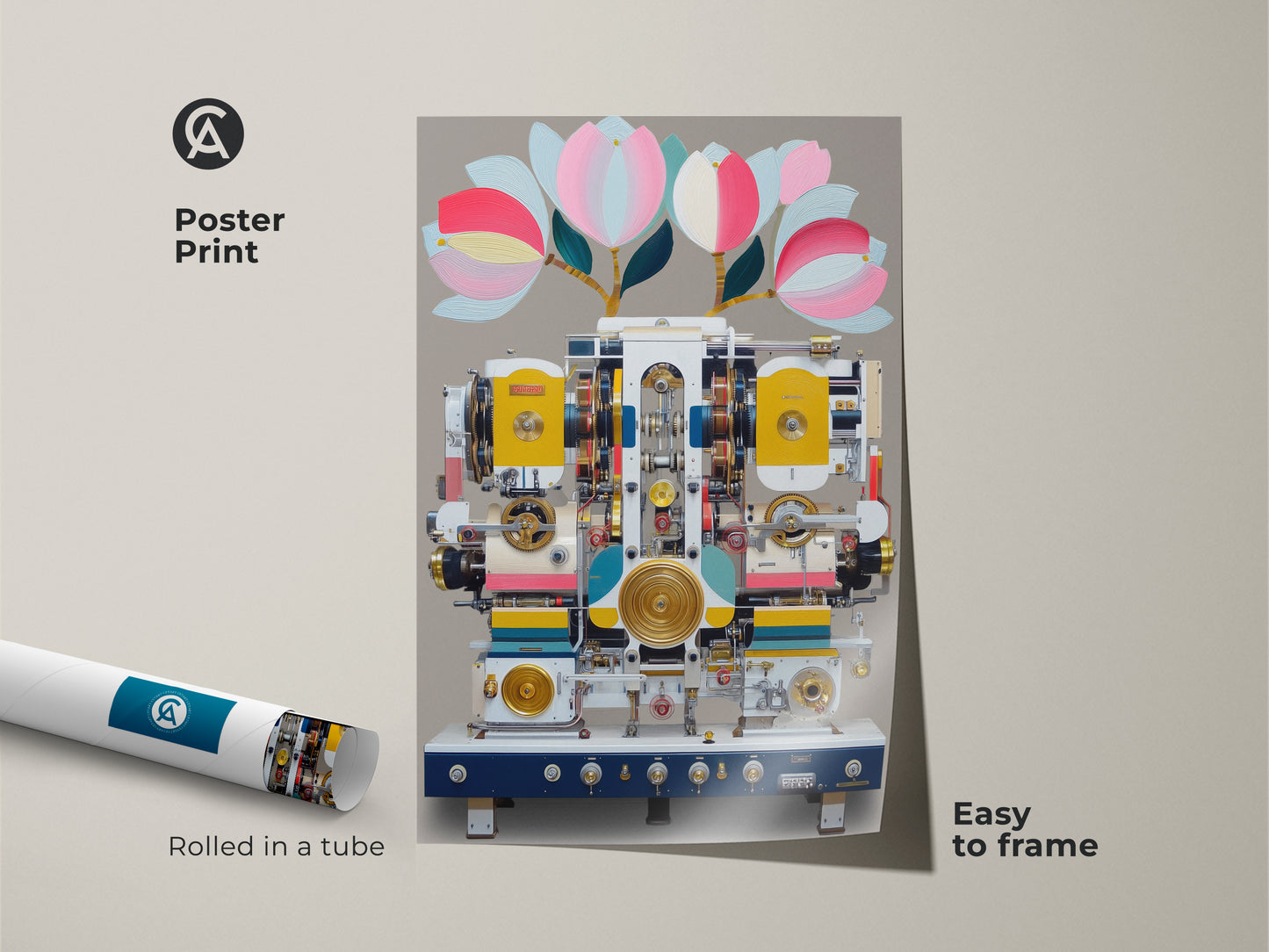 Poster print of surreal machine art. Rolled in a tube for easy framing. The steampunk abstract artwork displays floral and mechanical elements. This yellow and teal canvas art is perfect for eclectic home decor. It also makes a unique engineer gift idea or an industrial steampunk decor piece for creative office wall art.