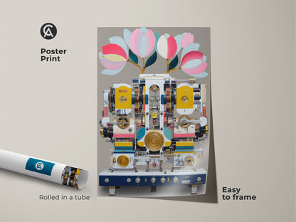 Poster print of surreal machine art. Rolled in a tube for easy framing. The steampunk abstract artwork displays floral and mechanical elements. This yellow and teal canvas art is perfect for eclectic home decor. It also makes a unique engineer gift idea or an industrial steampunk decor piece for creative office wall art.