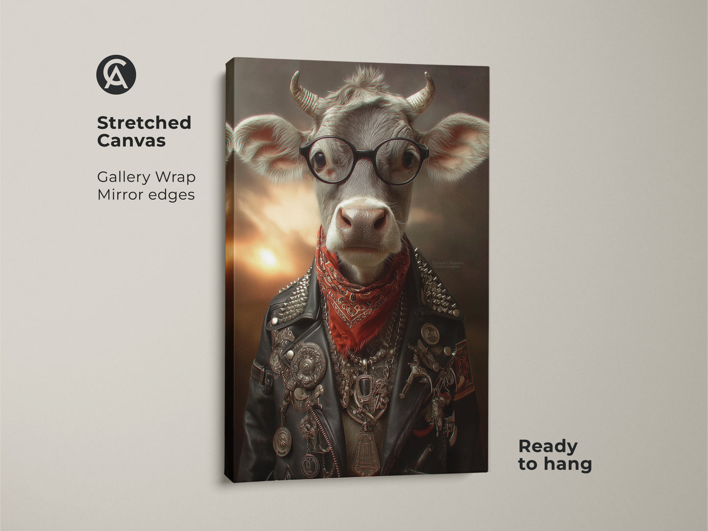 Stretched Canvas Rockstar Cow Art This biker cow art features a humorous animal portrait on gallery-wrapped canvas. It's ready to hang adding alternative home decor or as a cool man cave artwork.