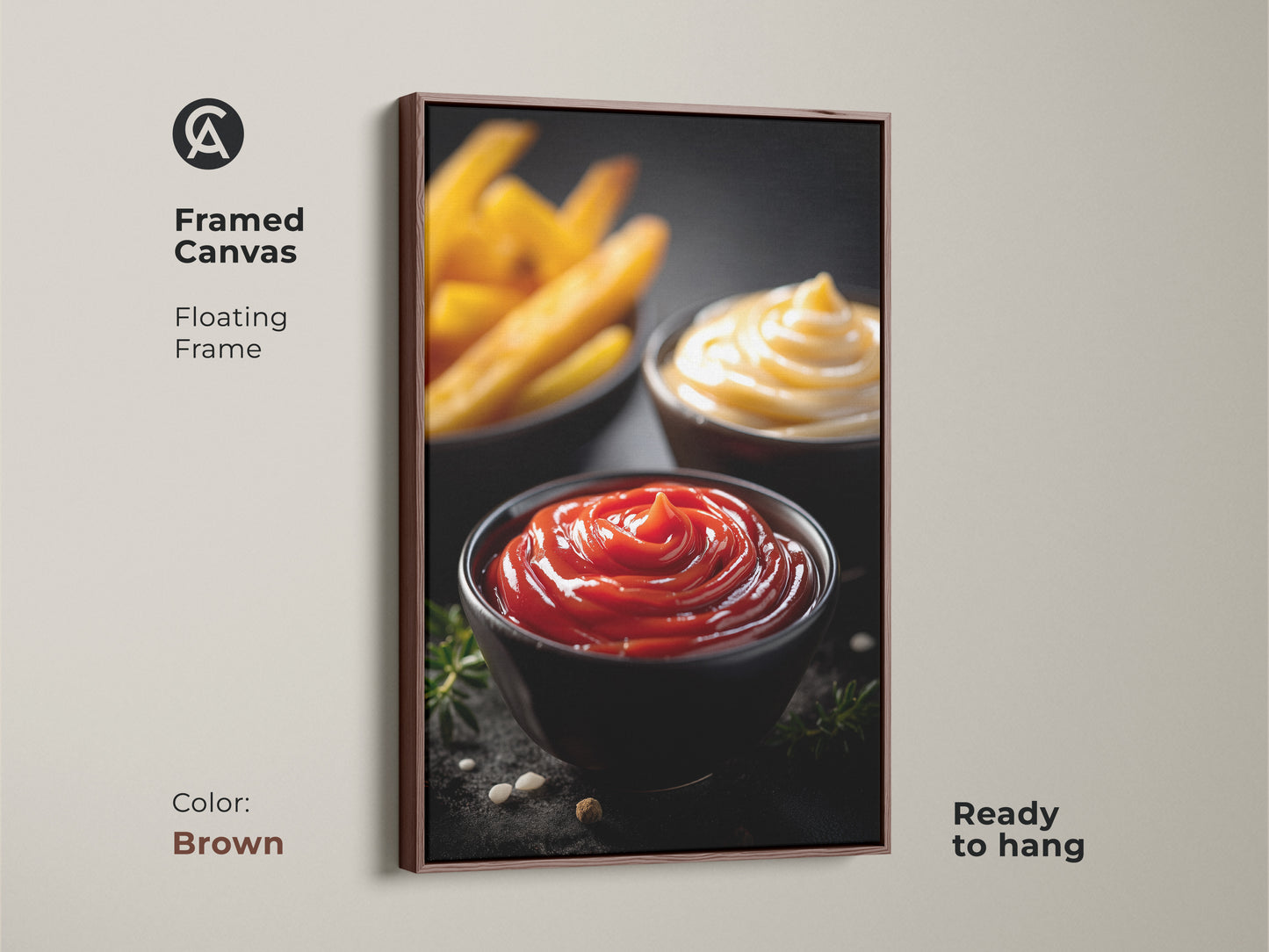 Framed canvas of ketchup mayo and fries art with a brown floating frame. This modern food photography print is ready to hang. It adds a playful touch to your kitchen or dining space. Ideal for food lovers and home bakers. A housewarming gift for those who appreciate delicious art.