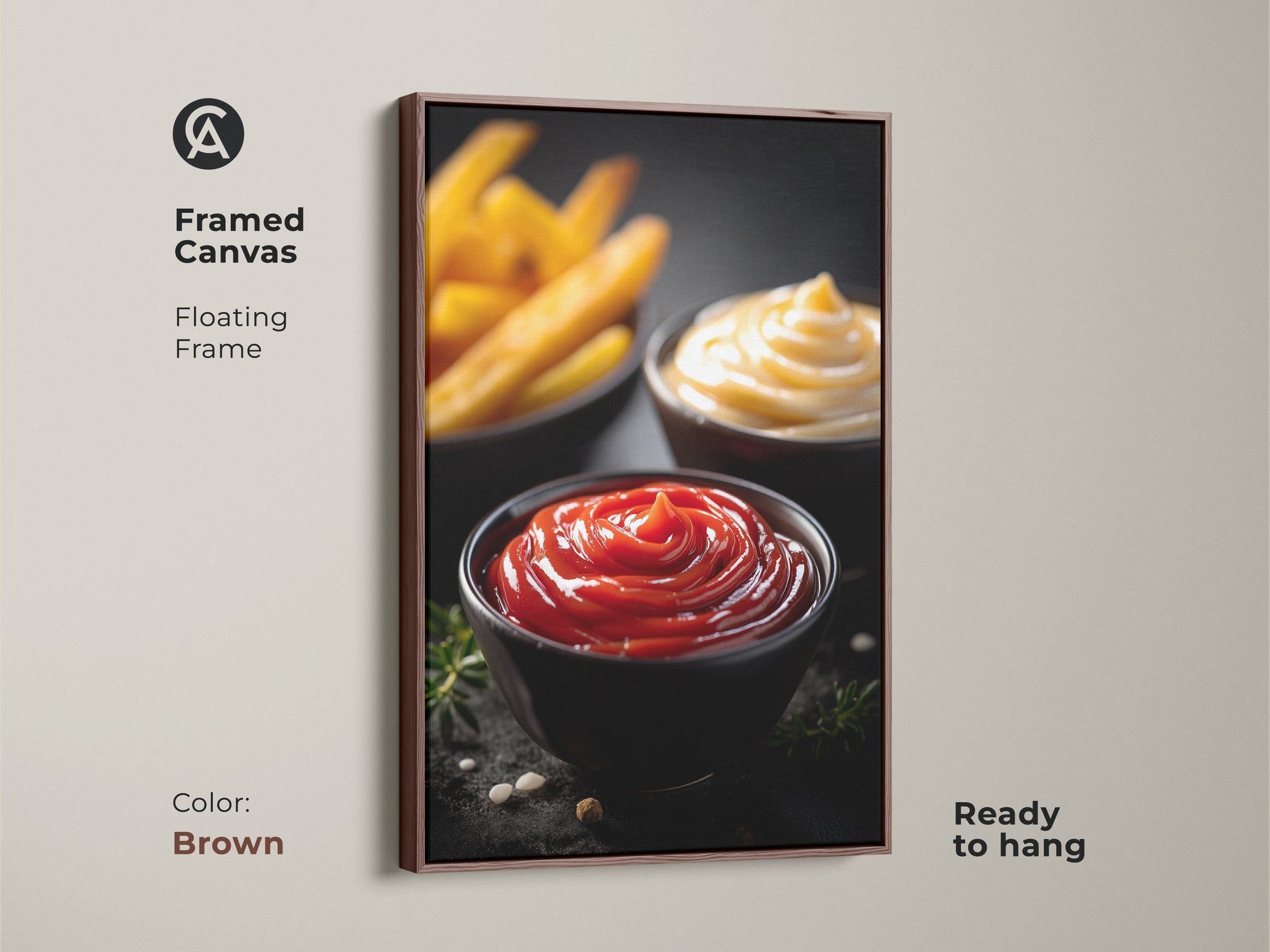 Framed canvas of ketchup mayo and fries art with a brown floating frame. This modern food photography print is ready to hang. It adds a playful touch to your kitchen or dining space. Ideal for food lovers and home bakers. A housewarming gift for those who appreciate delicious art.