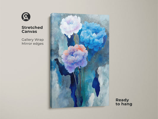 Sky blue peony wall art presents a contemporary floral motif. The abstract nature artwork is calming. It is perfect as blue botanical canvas or residential space art print.