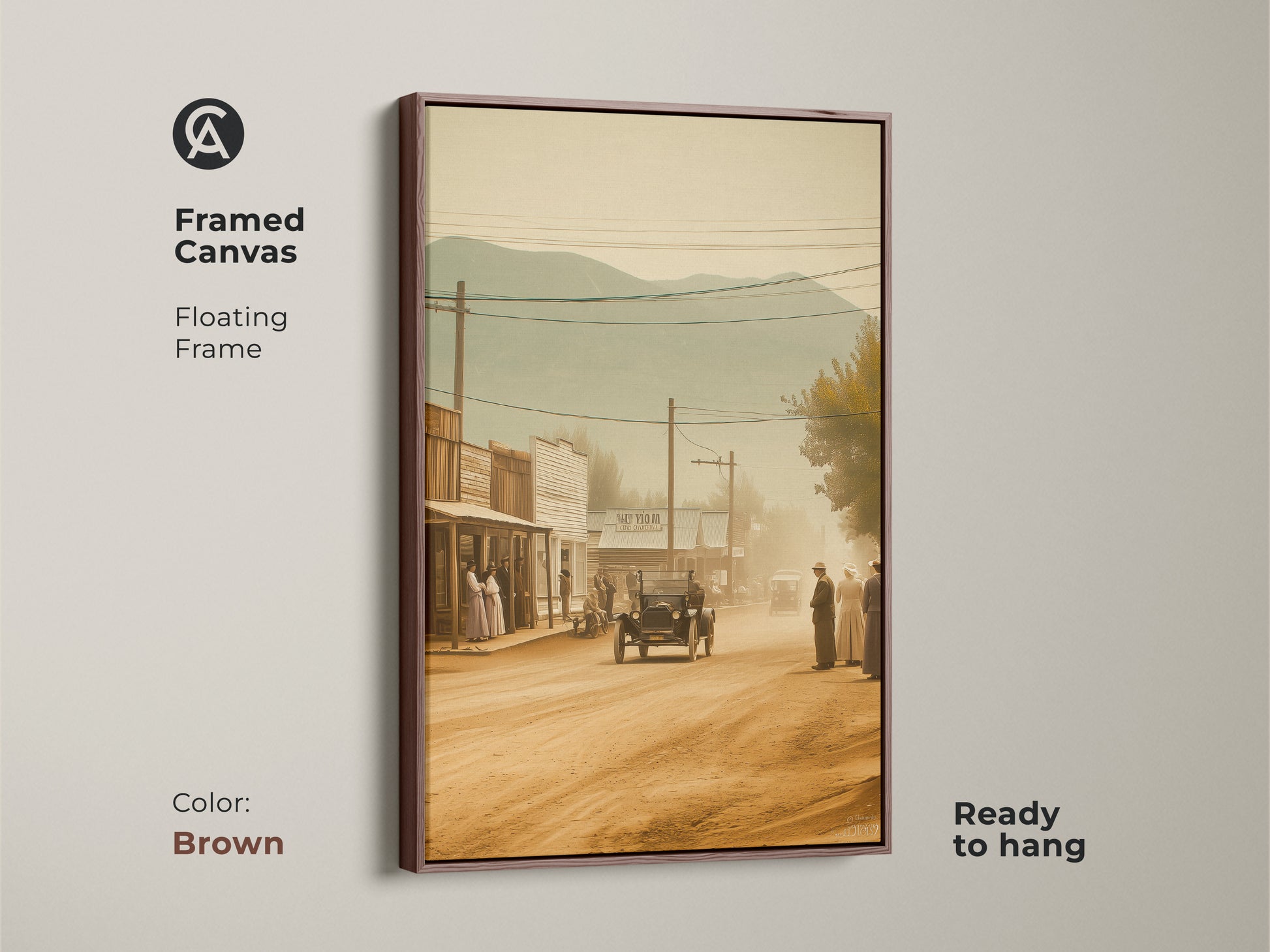 Framed canvas art in brown. This artwork showcases a sepia toned western town scene. The floating frame complements the vintage style. This ready to hang art print adds warmth and character to your home. A great choice for those who appreciate historical and rustic art.
