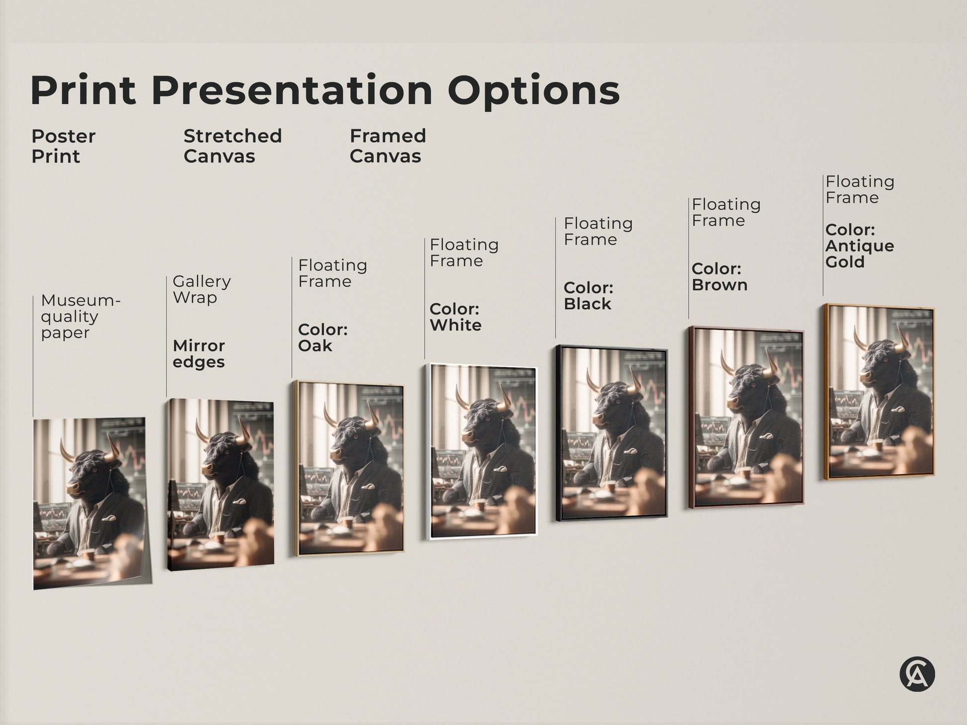 Print presentation options for bull stock trader artwork. Options include poster print stretched canvas and framed canvas. Frame colors include oak white black brown and antique gold. Find the perfect style for your decor.