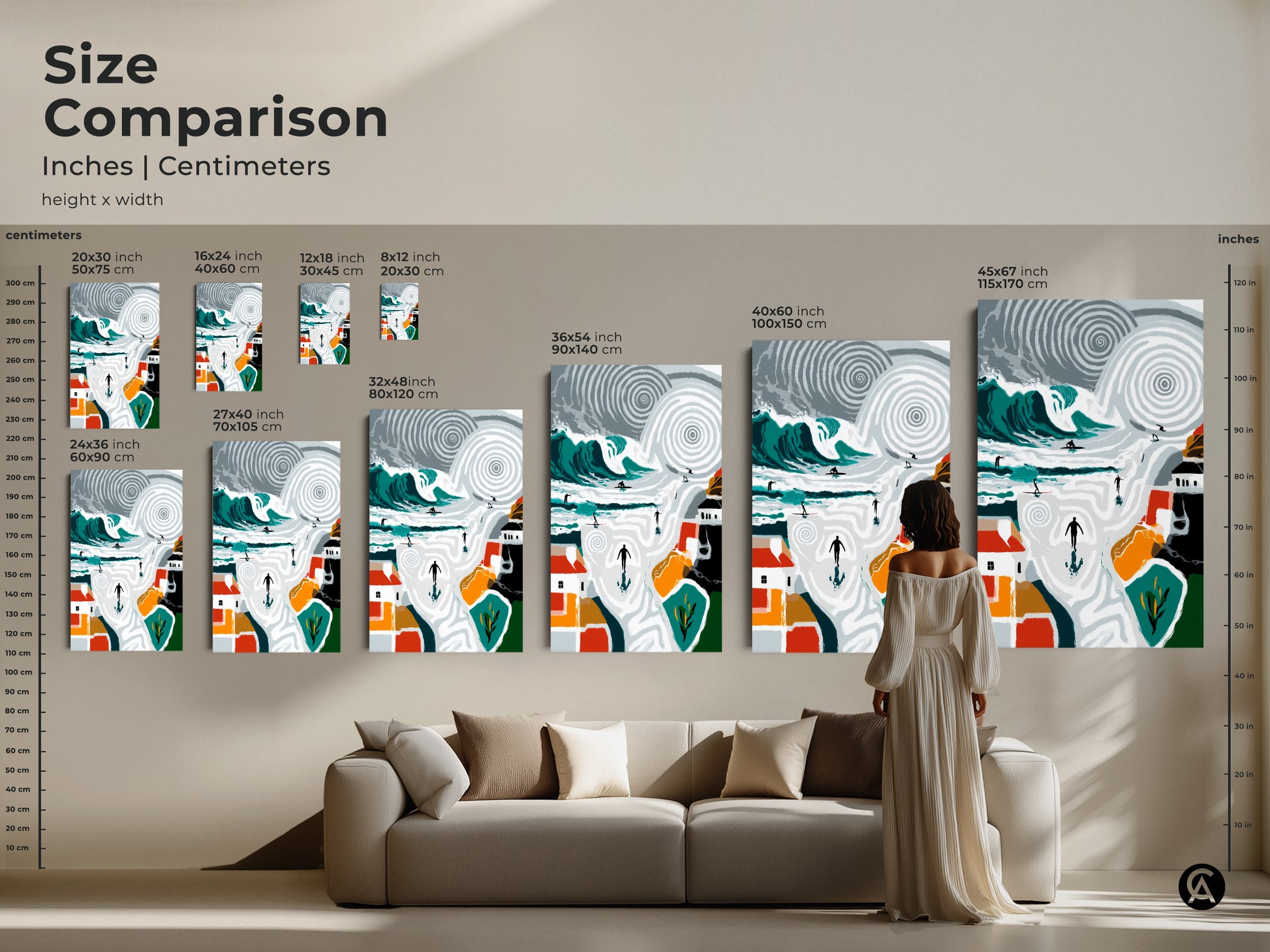 Size comparison featuring abstract teal wave art with surfers in various sizes. This artwork will transform your living room or beach house. The canvas print will add a modern coastal aesthetic to your home.