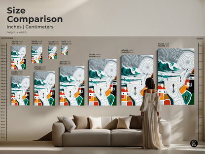 Size comparison featuring abstract teal wave art with surfers in various sizes. This artwork will transform your living room or beach house. The canvas print will add a modern coastal aesthetic to your home.