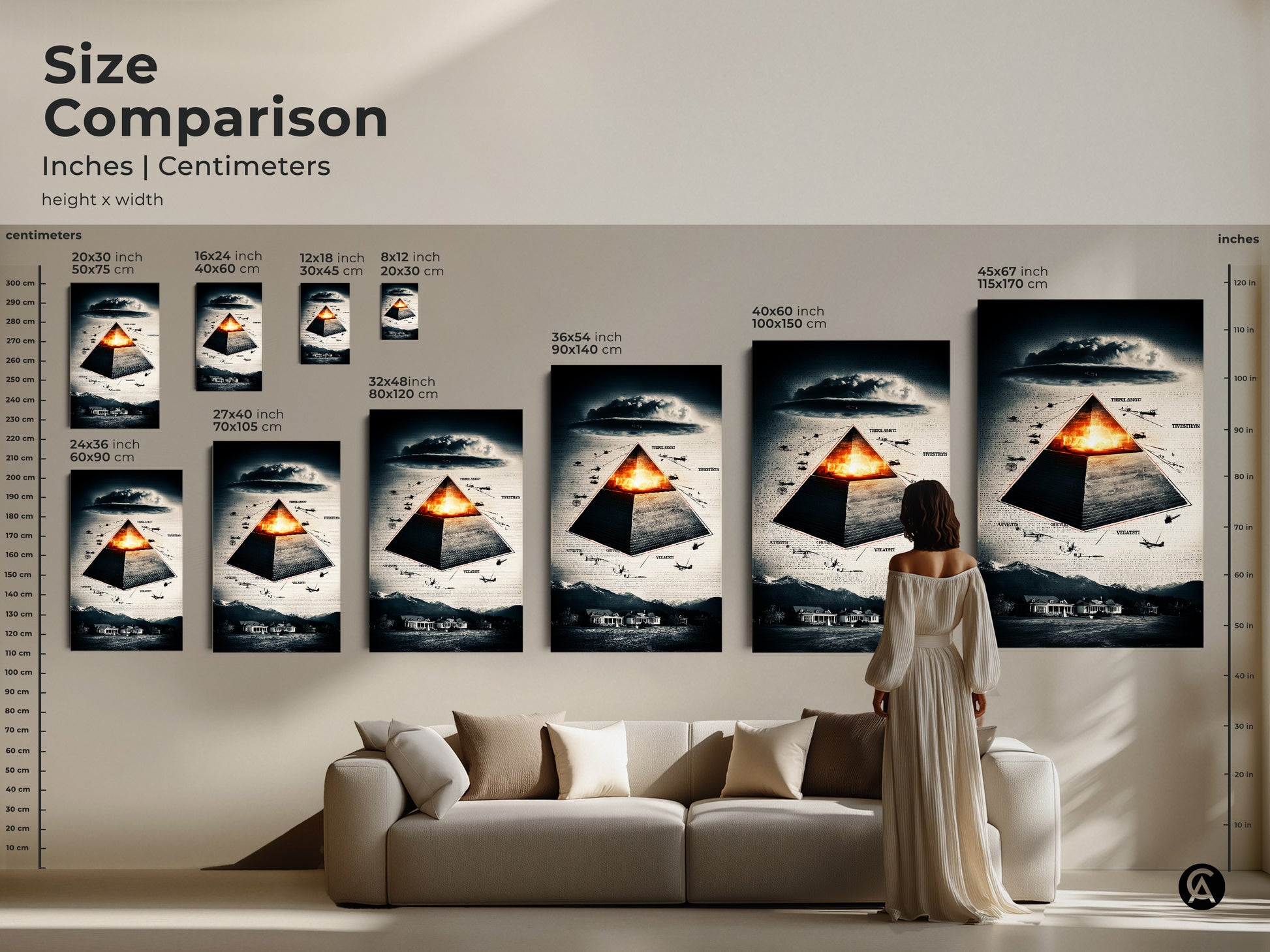 Size comparison of surreal pyramid art in inches & centimeters. Art ranges from 8x12 to 45x67 inches. This artwork includes a symbolic aircraft & deep blue and orange color palette. The available formats include canvas & poster prints. Decorate your office or give a unique gift to conspiracy theorists.