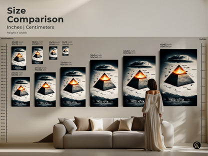 Size comparison of surreal pyramid art in inches & centimeters. Art ranges from 8x12 to 45x67 inches. This artwork includes a symbolic aircraft & deep blue and orange color palette. The available formats include canvas & poster prints. Decorate your office or give a unique gift to conspiracy theorists.