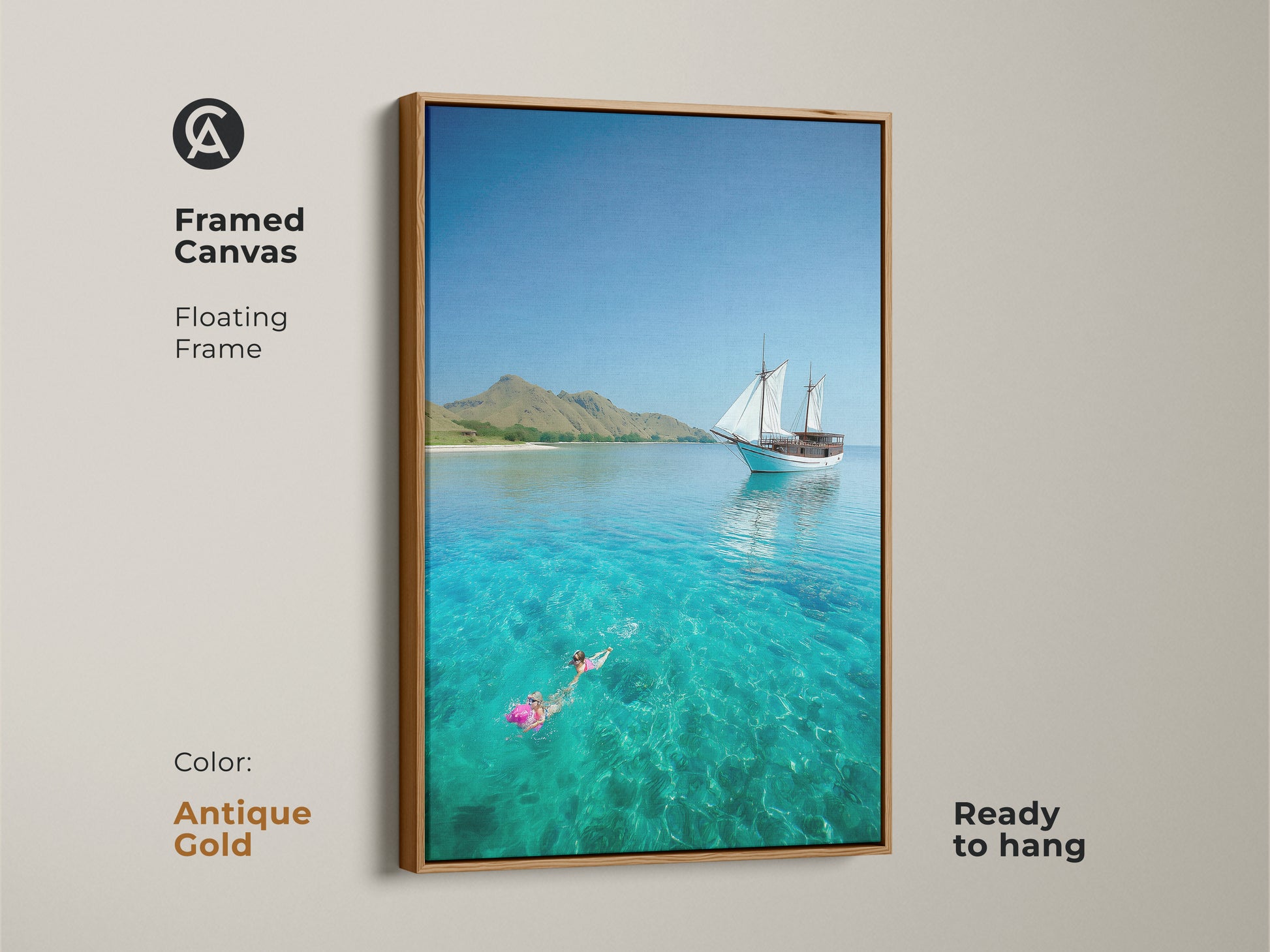 This antique gold framed canvas displays sailboat art. The artwork shows a snorkeler in turquoise water. The floating frame adds elegance to this coastal travel-inspired piece. Ideal beach house decor.