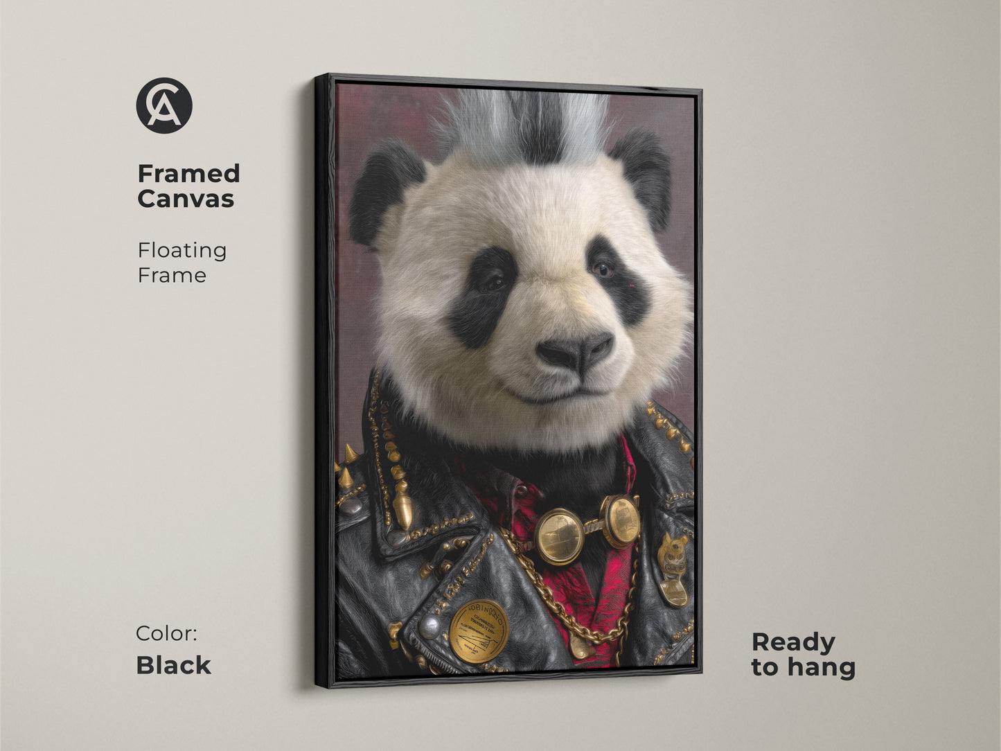 Framed Canvas of the Punk Rock Panda with a black floating frame. This ready-to-hang artwork enhances any room's decor. The unique animal artwork makes a bold statement. Great for adding an eclectic touch to your home. The black frame makes this a cool panda wall art.