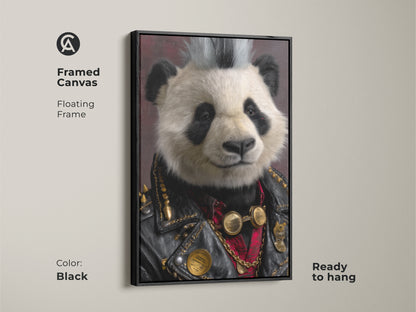 Framed Canvas of the Punk Rock Panda with a black floating frame. This ready-to-hang artwork enhances any room's decor. The unique animal artwork makes a bold statement. Great for adding an eclectic touch to your home. The black frame makes this a cool panda wall art.