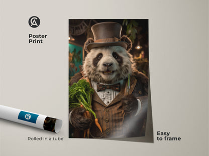 Dapper Panda poster print rolled in a tube ready to frame. A rustic wildlife artwork shows a top hat bear. The warm ochre golden brown tones create an animal lover's housewarming gift.