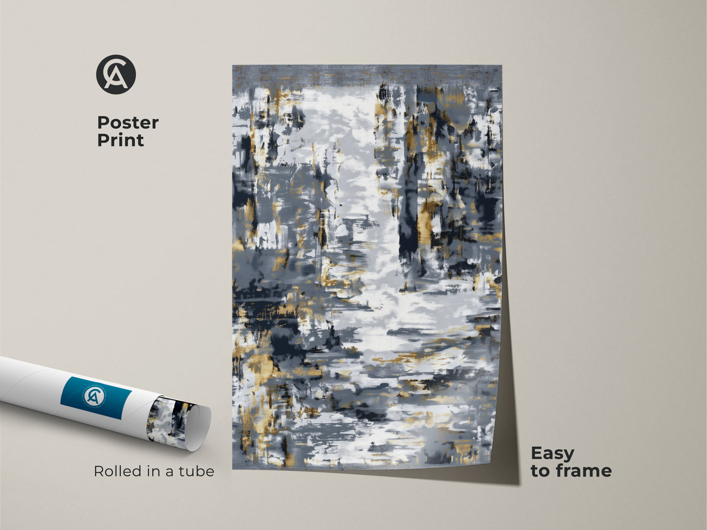 Poster print showcasing textured brushstroke art with abstract gold leaf elements. This charcoal gray wall art is easy to frame. Rolled in a tube for convenient shipping. A perfect abstract expressionism canvas for housewarming gift art.