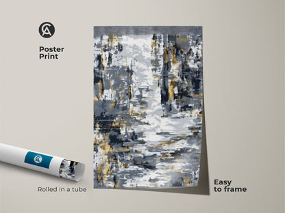Poster print showcasing textured brushstroke art with abstract gold leaf elements. This charcoal gray wall art is easy to frame. Rolled in a tube for convenient shipping. A perfect abstract expressionism canvas for housewarming gift art.