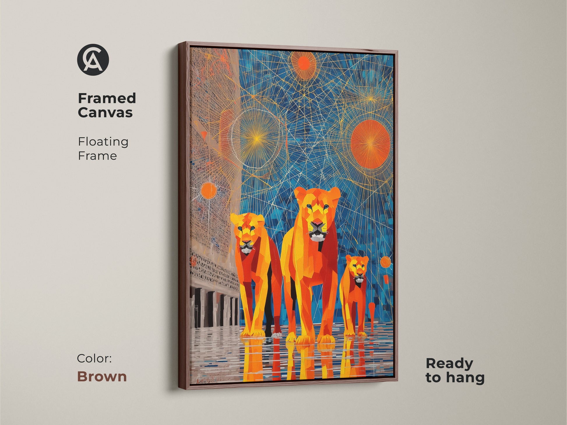 This is a brown framed canvas print with a geometric lion art piece. Showcasing an abstract sunburst animal design in blue and orange. Its floating frame provides a contemporary look. Elevate your space with wildlife artwork ready to hang it is perfect for adding modern decor.