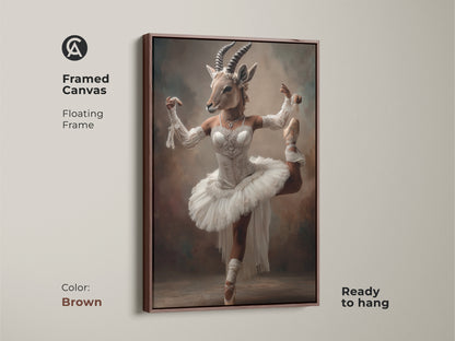 Framed canvas shows a surreal ballerina gazelle with a brown floating frame. Ideal for eclectic decor. Bring animal dancer artwork to your space. This canvas is ready to hang. This artwork is a perfect addition to a bedroom or living space.