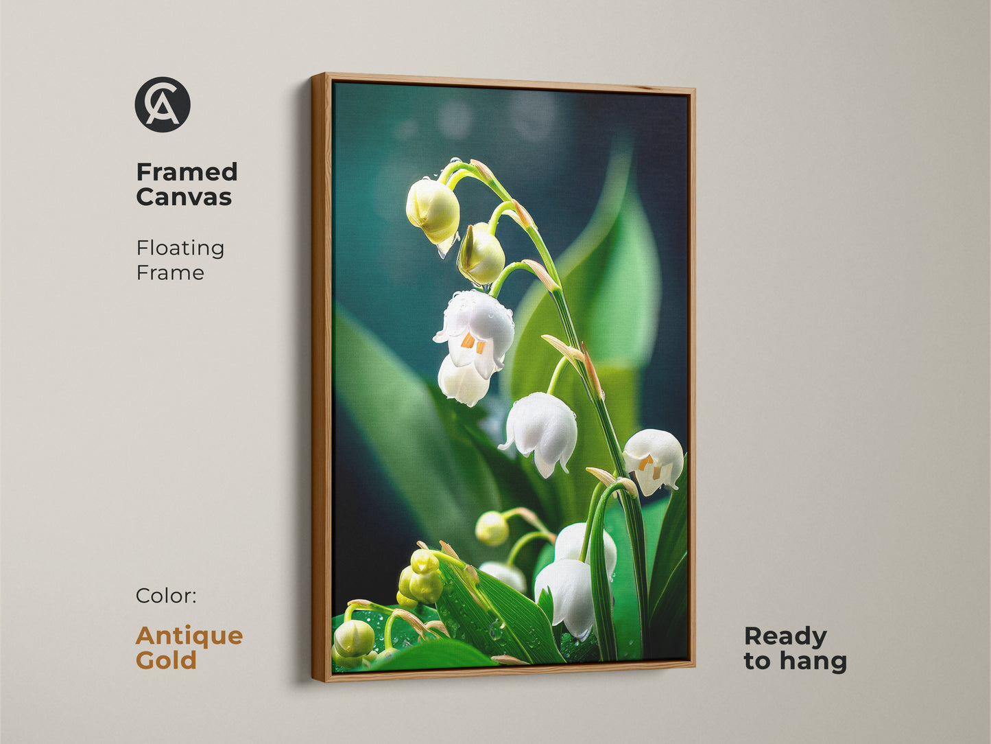 Lily of the Valley art on framed canvas with an antique gold floating frame. Ready to hang this realistic macro botanical art enhances any room. Its white and green tones complement Scandinavian decor. This spring floral canvas makes a perfect plant lover gift.