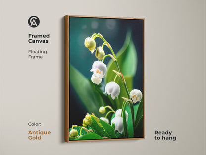 Lily of the Valley art on framed canvas with an antique gold floating frame. Ready to hang this realistic macro botanical art enhances any room. Its white and green tones complement Scandinavian decor. This spring floral canvas makes a perfect plant lover gift.