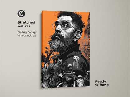 Stretched canvas artwork showcasing a bearded man with glasses. Two dogs and a motorcycle are part of the art. Gallery wrapped with mirrored edges this piece is ready to hang. The orange background adds warmth.