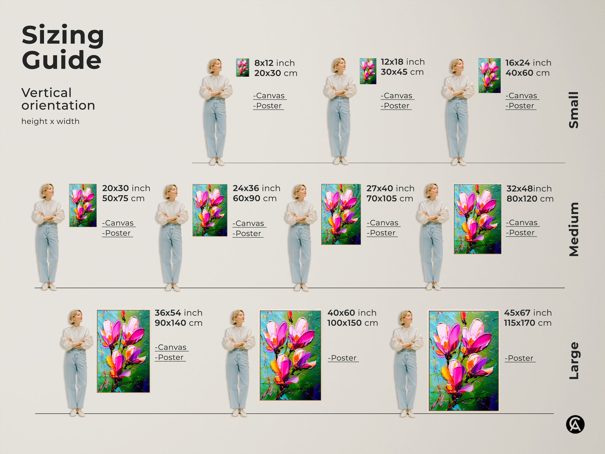 Sizing guide for botanical wall art featuring textured magenta and pink flowers. Visualize canvas and poster options in small medium and large sizes. Find the ideal scale to enhance your space with this impressionist floral artwork and vibrant plant decor.