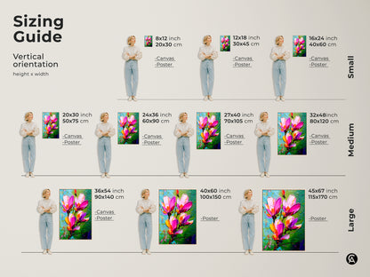 Sizing guide for botanical wall art featuring textured magenta and pink flowers. Visualize canvas and poster options in small medium and large sizes. Find the ideal scale to enhance your space with this impressionist floral artwork and vibrant plant decor.