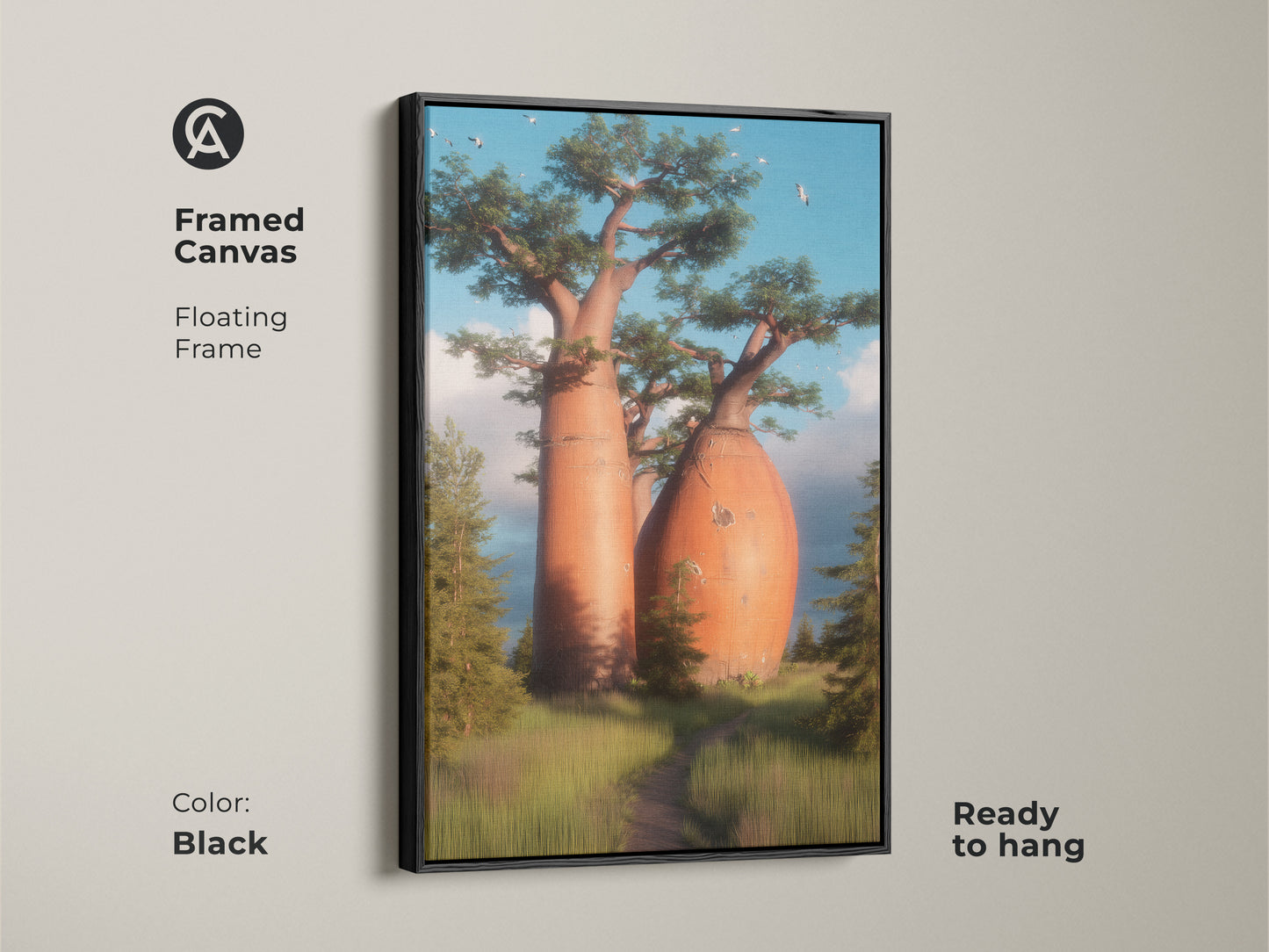 Black framed canvas artwork shows an African Savanna landscape with baobab trees. This realistic nature photography is ready to hang. The orange blue green hues enhance eclectic style home decor. It makes a thoughtful housewarming gift for travelers.