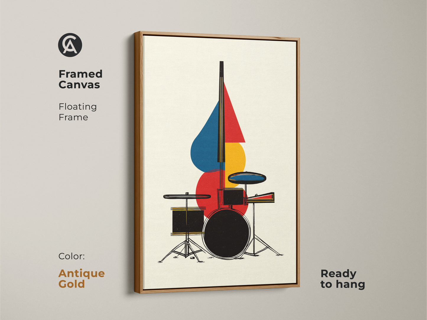Framed canvas artwork showcases an abstract drum set with an antique gold floating frame. This geometric mid century modern artwork adds a touch of elegance. Ready to hang this music-themed piece brings a retro vibe. The red blue and yellow color scheme makes it a bold decor choice.