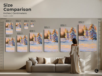 Size comparison of snowy pine trees and deer artwork. This shows various canvas and poster sizes in inches and centimeters. See how this winter landscape art fits above a sofa. Visualize this wildlife art in your space.