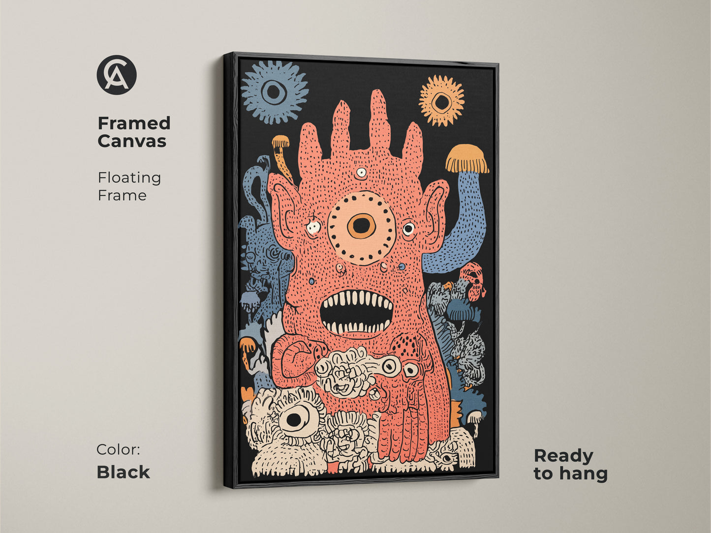 Framed canvas featuring a coral orange and blue surreal monster. This quirky creature wall art has a floating black frame. Ready to hang this abstract artwork in your eclectic home. A unique gift for fans of unusual art.