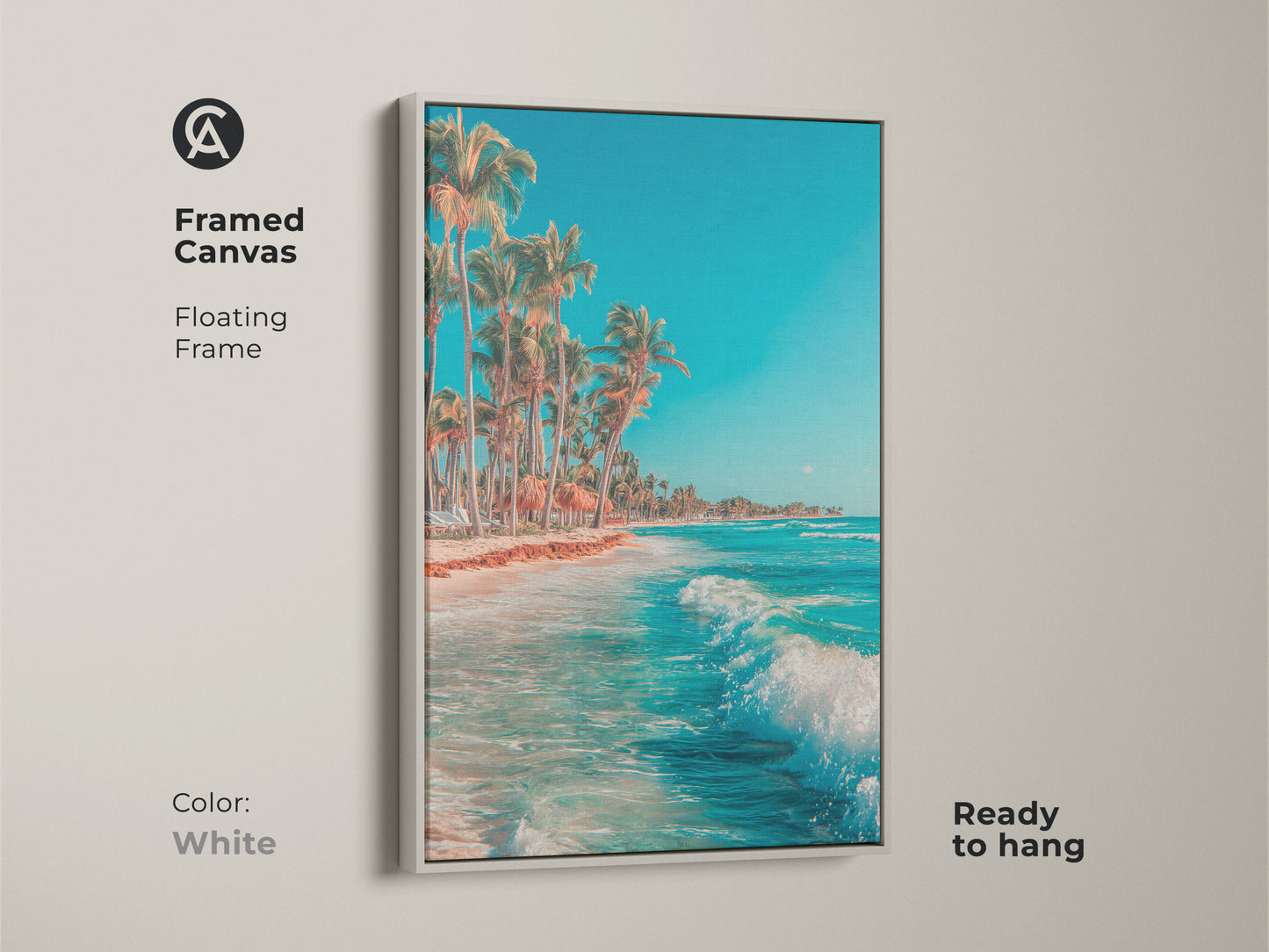 Framed canvas art with a floating frame in white. A tropical beach scene with ocean waves and palm trees. This ready to hang artwork offers a clean coastal aesthetic. The Canvas is Ready to hang.