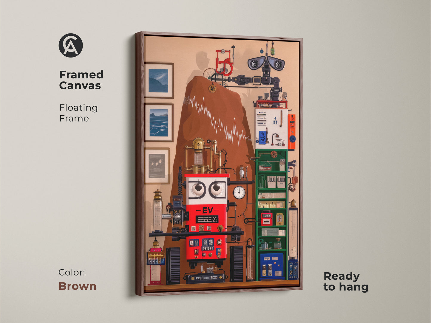 This framed canvas features surreal steampunk robot artwork. A brown floating frame enhances its intricate gears. The red blue and brown colors give an eclectic touch. The abstract machine artwork is ready to hang. It is an ideal gift for engineers.