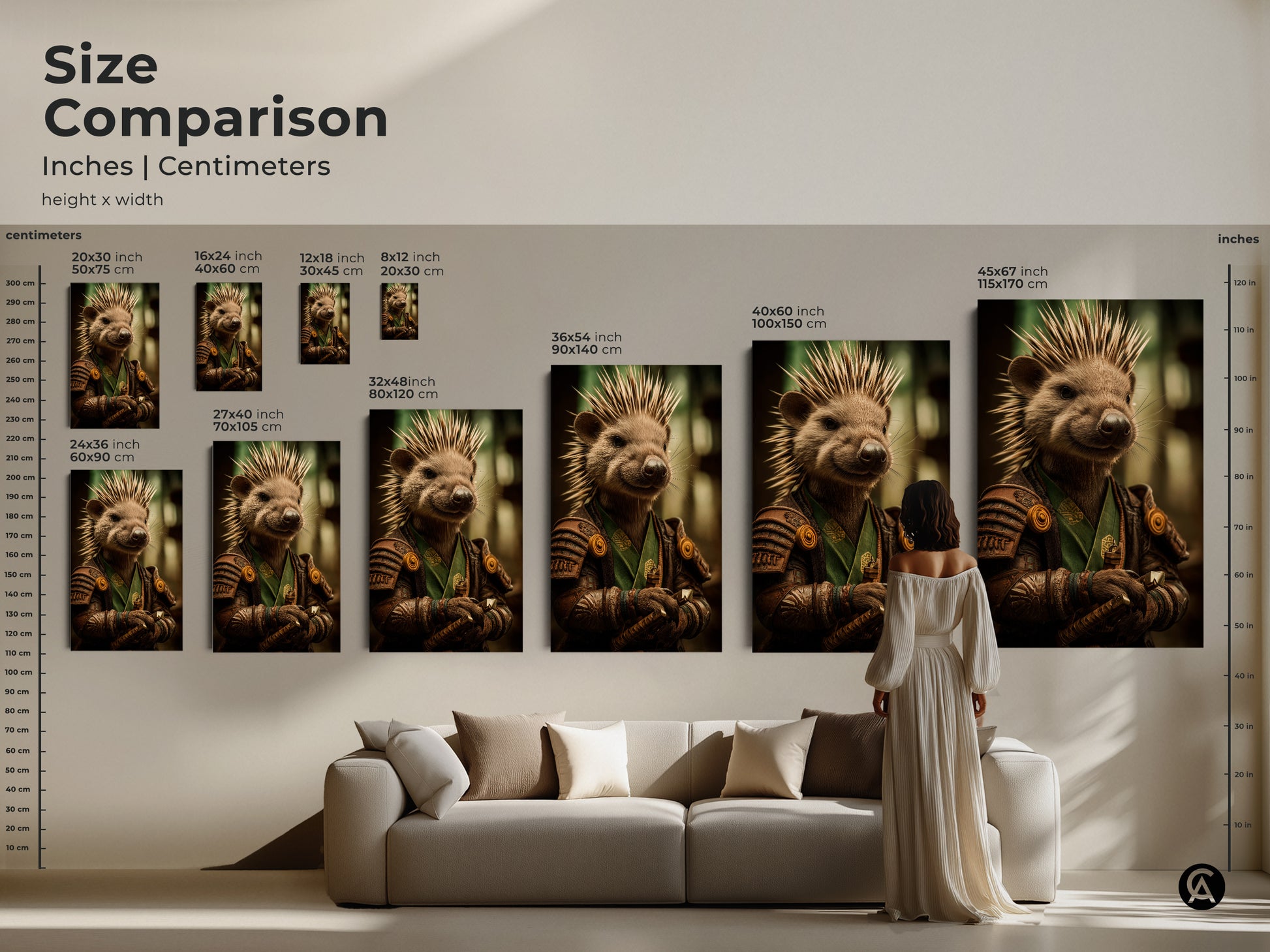 This size comparison shows the samurai hedgehog art in different dimensions. Visualize how the animal warrior canvas print will enhance your living room. Sizes range from small to large.