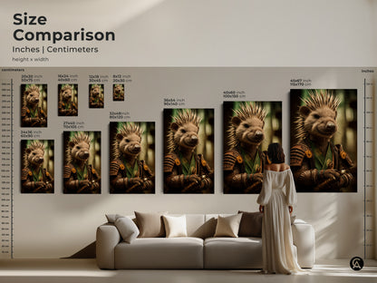 This size comparison shows the samurai hedgehog art in different dimensions. Visualize how the animal warrior canvas print will enhance your living room. Sizes range from small to large.