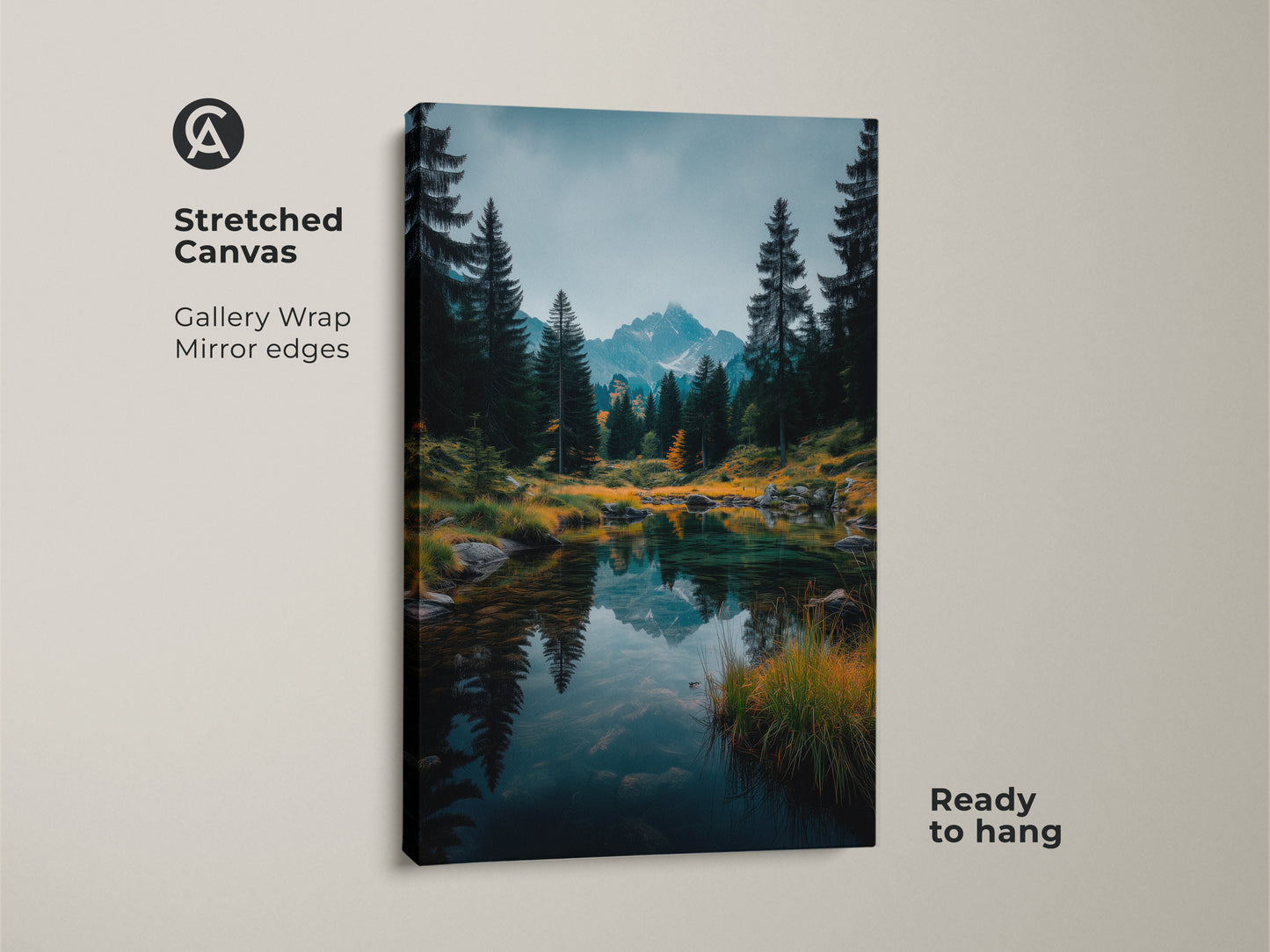 Stretched canvas artwork. This gallery-wrapped canvas features a stunning mountain lake scene. The mirror edges enhance the artwork's depth. It arrives ready to hang adding a serene touch to your home decor. 