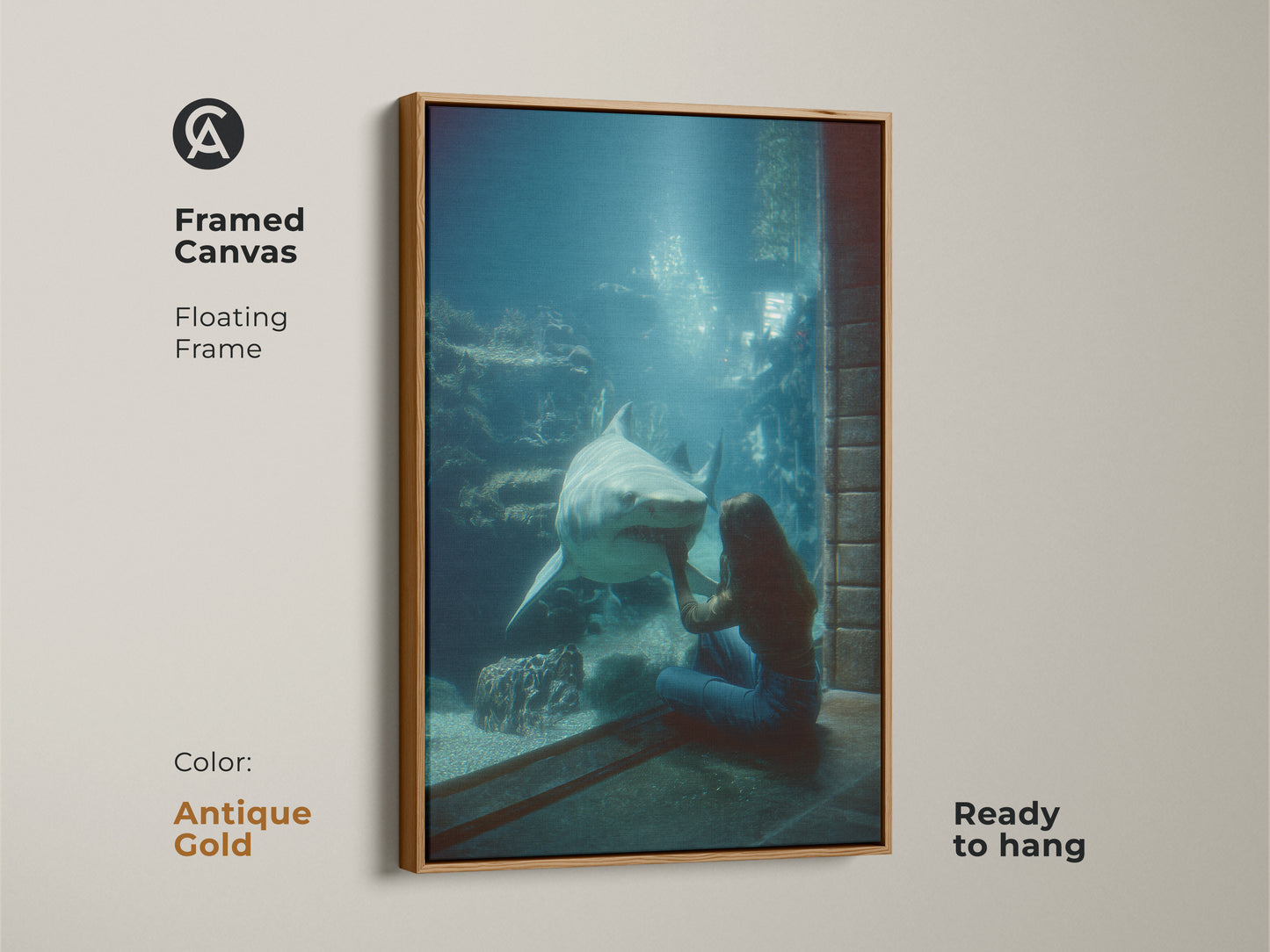 Framed Canvas Oceanic Encounter art with floating antique gold frame. The blue green underwater scene features a woman and shark. Ready to hang marine life decor. A unique housewarming gift for animal lovers. Contemporary deep sea creature print. Aquarium-inspired artwork for modern homes.