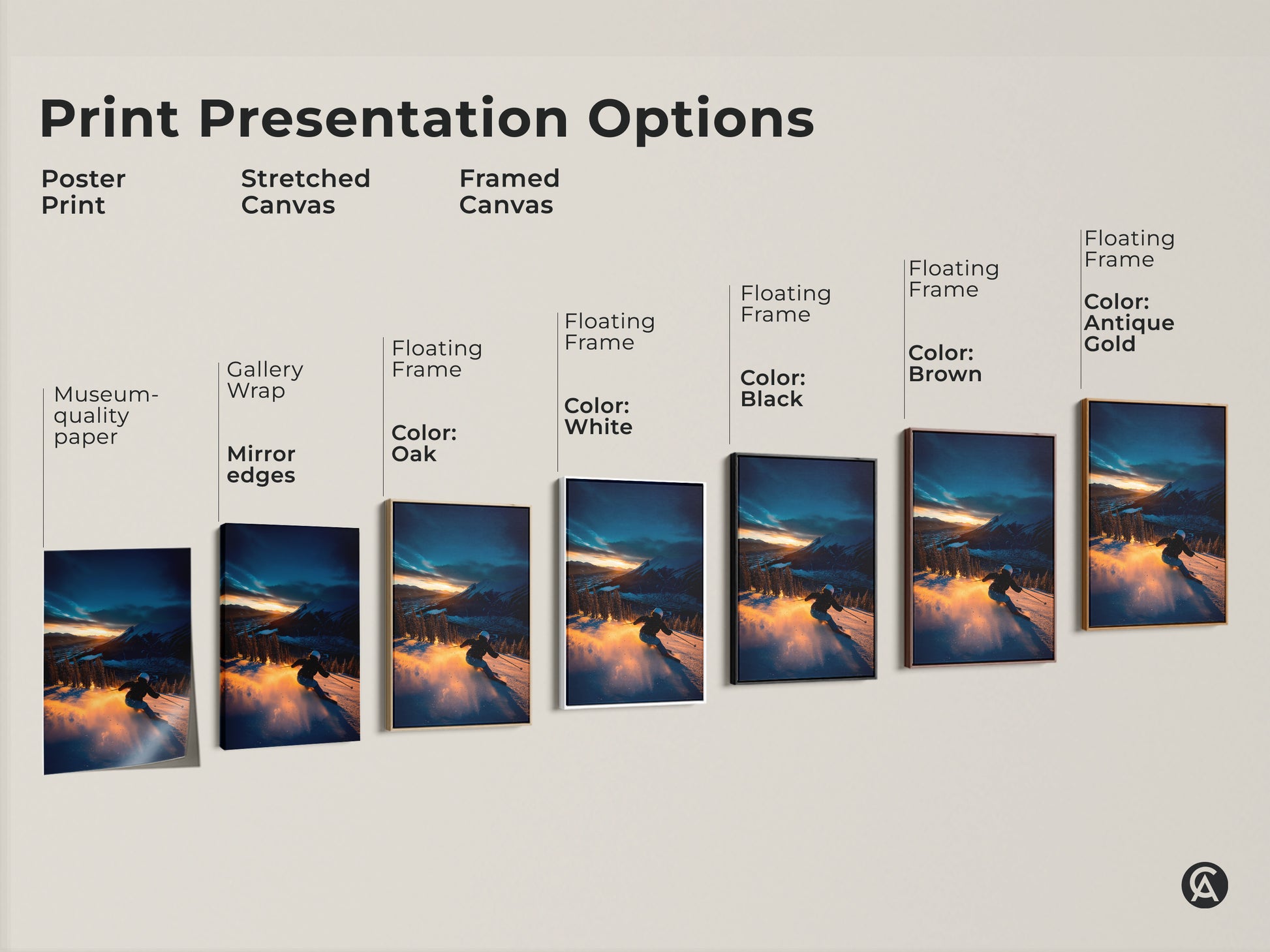 Explore a variety of print presentation options for mountain landscape art. Choose from poster prints stretched canvases and framed canvases. Options include gallery wraps mirrored edges and floating frames. Find the perfect style to complement your space with our diverse artwork.