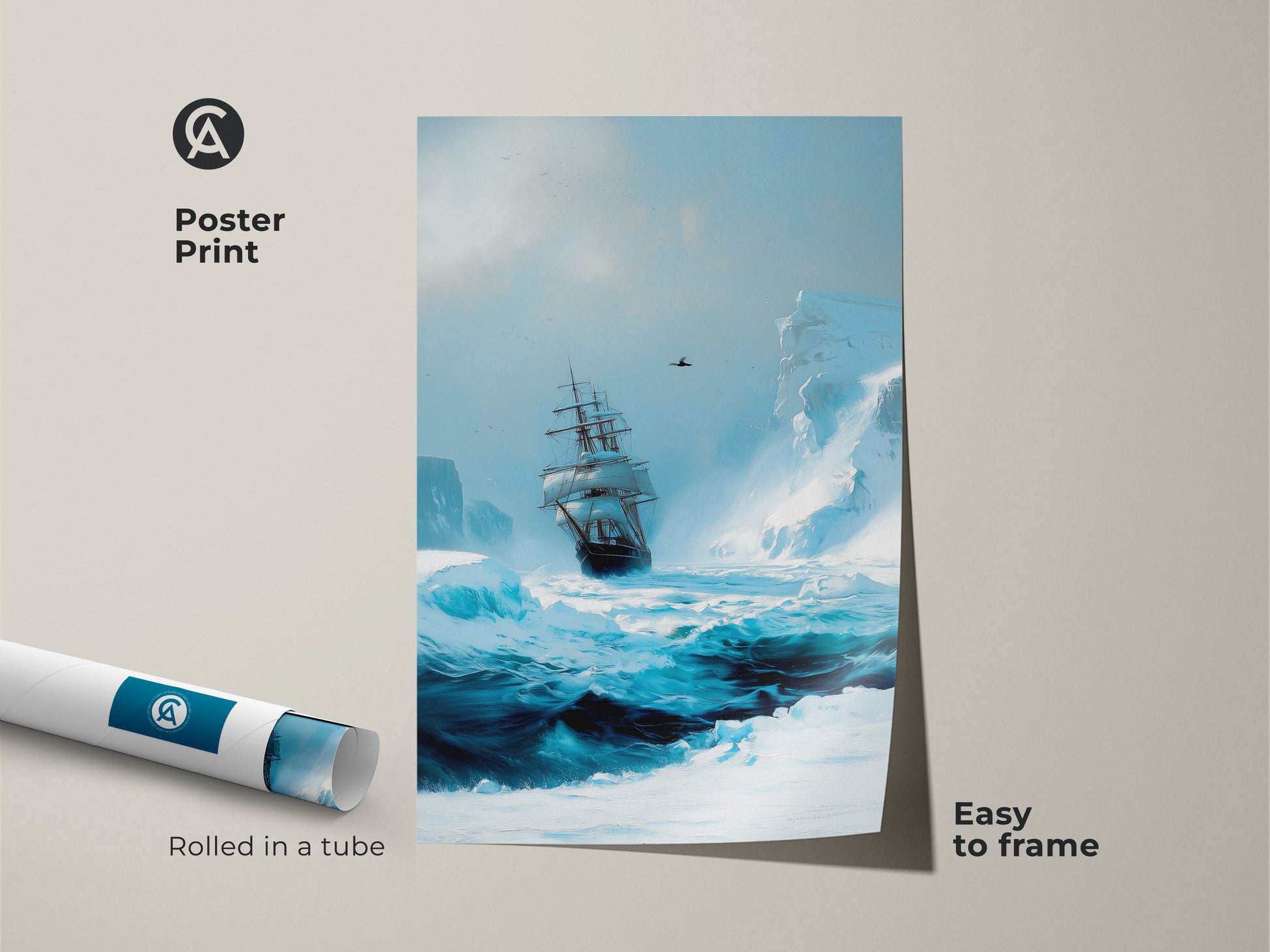 A poster print shows a tall ship sailing through icy arctic seas. The ocean blue seascape print arrives rolled in a tube. Frame this nautical art easily for home decor.