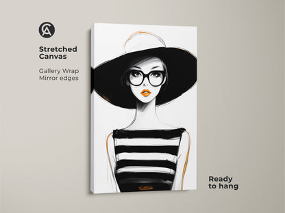 Stretched canvas art of a minimalist woman portrait. Gallery wrapped with mirror edges this fashion illustration print is ready to hang. Black white and orange wall art adds a modern touch.