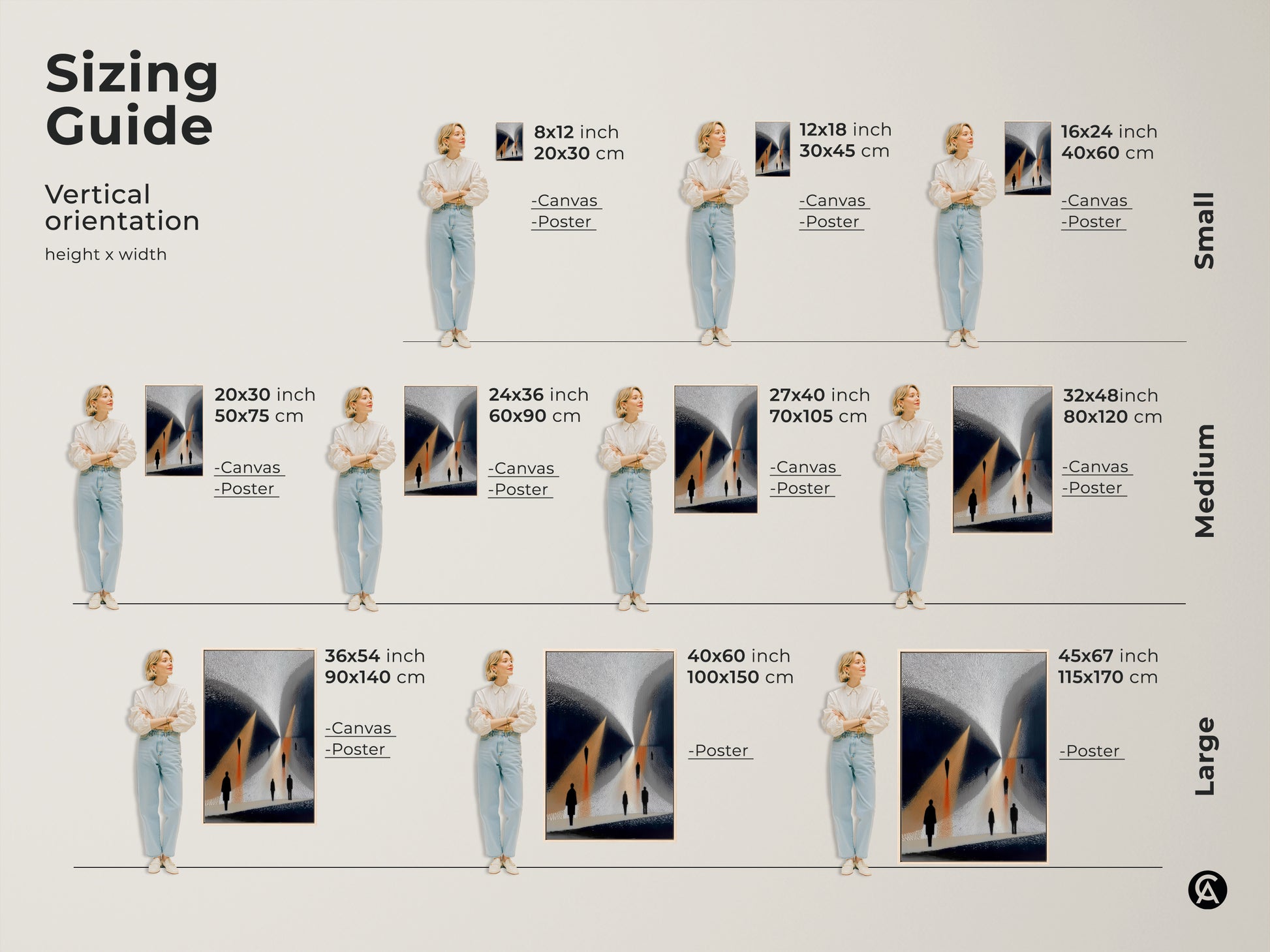 Sizing Guide shows Gold Navy Abstract Art in vertical orientation from Small Medium Large. Contemporary figures are walking a surreal path. The canvas and poster artwork includes minimalist silhouettes. Find the perfect size for your home or office wall art decor.