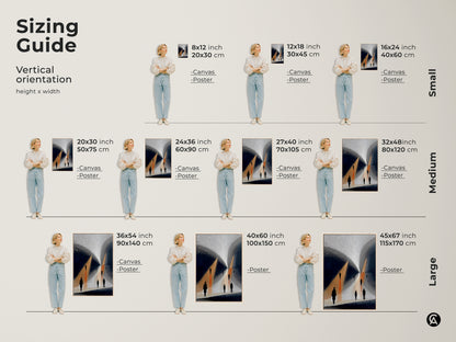 Sizing Guide shows Gold Navy Abstract Art in vertical orientation from Small Medium Large. Contemporary figures are walking a surreal path. The canvas and poster artwork includes minimalist silhouettes. Find the perfect size for your home or office wall art decor.