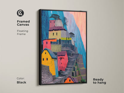 Abstract Machu Picchu artwork in a sleek black floating frame. This canvas print showcases colorful terraced hillsides in boho style. Ready to hang it adds a touch of South America to your home decor. The perfect housewarming gift for travel enthusiasts.
