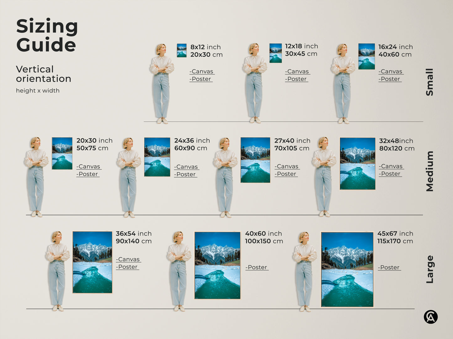 Sizing guide for vertical snowy mountain canvas and poster prints available in small medium and large sizes. Find the perfect fit for your space with this breathtaking blue nature photography. Enhance your home decor with this realistic winter landscape art.