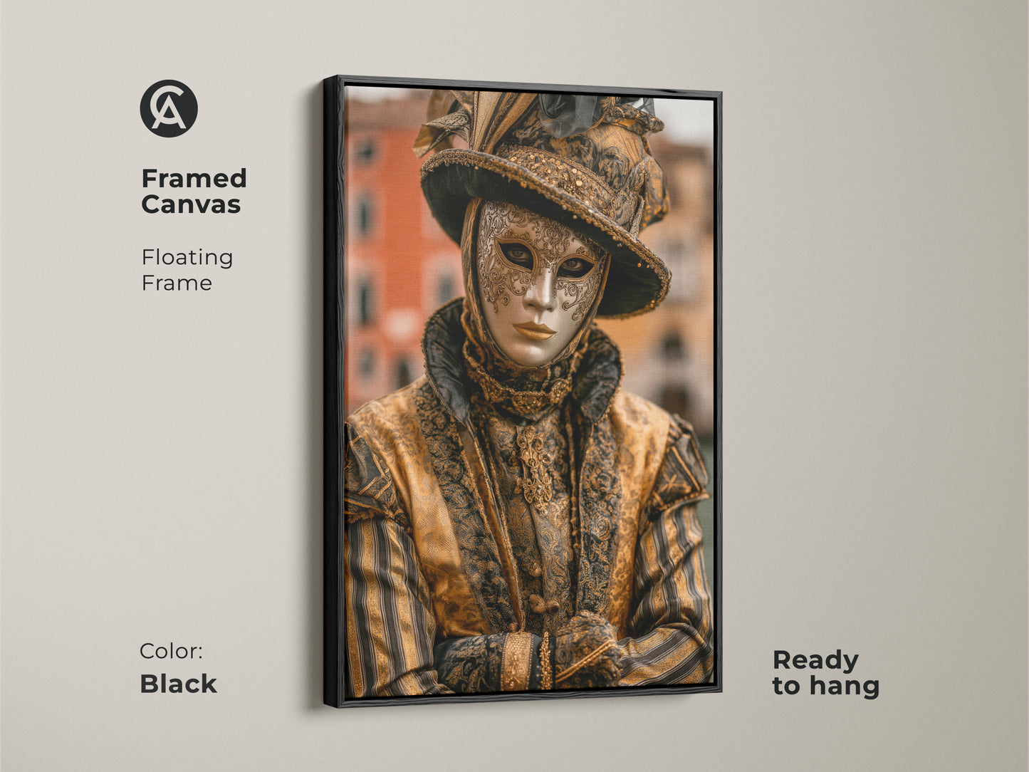 Black framed canvas Venice Carnival Mask artwork. The artwork features a person wearing a traditional gold mask and costume. It adds an elegant touch to any room. This framed canvas is ready to hang.