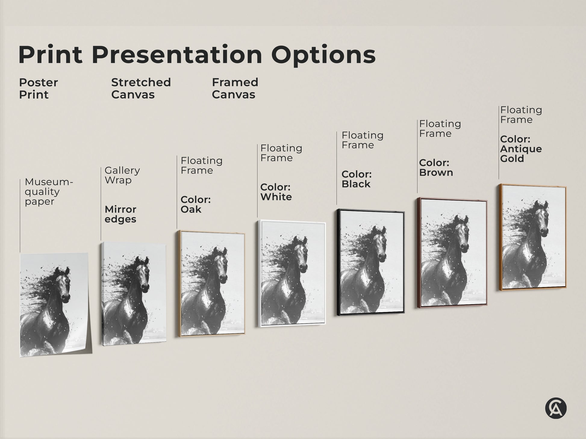 Print presentation options for abstract horse art. Choose from poster print stretched canvas or framed canvas. Available in various colors to match decor. Ideal for equestrian enthusiasts.